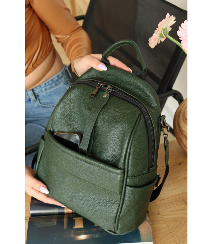 Бренд *MIS* мод. 2693 Женский кожаный рюкзак зелёного цвета, из натуральной кожи, с дополнительными карманами ПРОДАНО