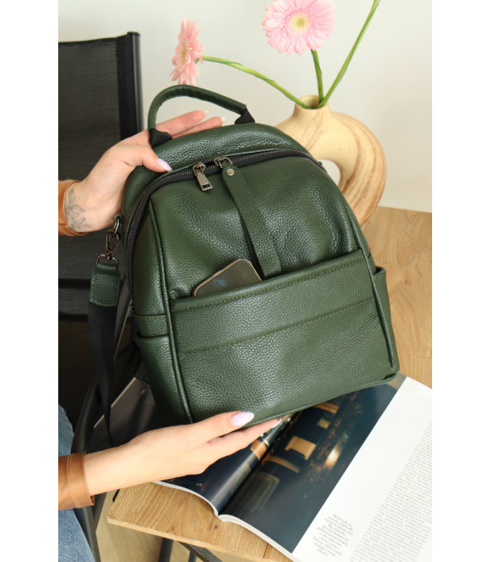 Бренд *MIS* мод. 2693 Женский кожаный рюкзак зелёного цвета, из натуральной кожи, с дополнительными карманами ПРОДАНО