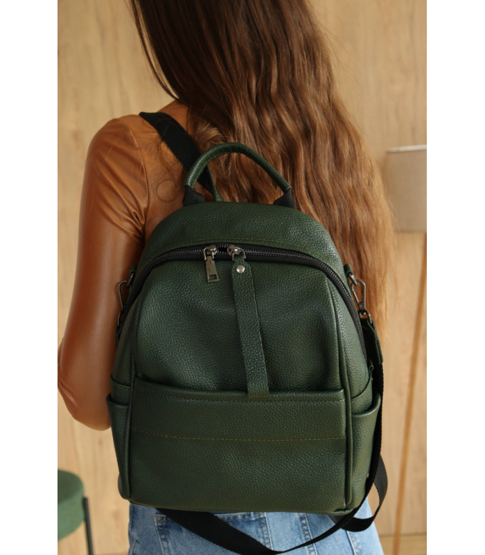 Бренд *MIS* мод. 2693 Женский кожаный рюкзак зелёного цвета, из натуральной кожи, с дополнительными карманами ПРОДАНО